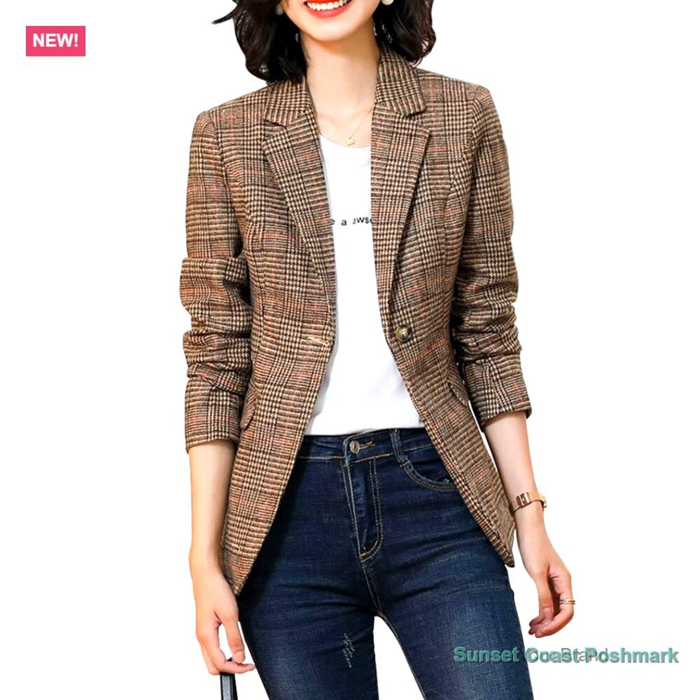 Women's Houndstooth Plaid Blazer Jacket Notch Lapel Double-Breasted